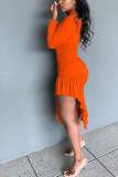Orange, sexy, lange Ärmel, O-Ausschnitt, asymmetrisch, knielang, solide, drapierte, asymmetrische Rüschenkleider