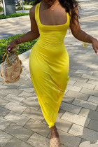 Yellow Milk. Fashion Sexy adult Ma'am Tank Sleeveless Square Step Skirt Floor-Length Solid backless Dresses