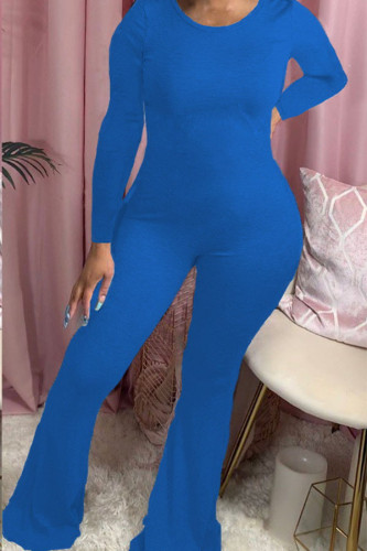 Blue Light Solid Long Sleeve O Neck Jumpsuits