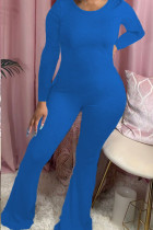 Blue Light Solid Long Sleeve O Neck Jumpsuits