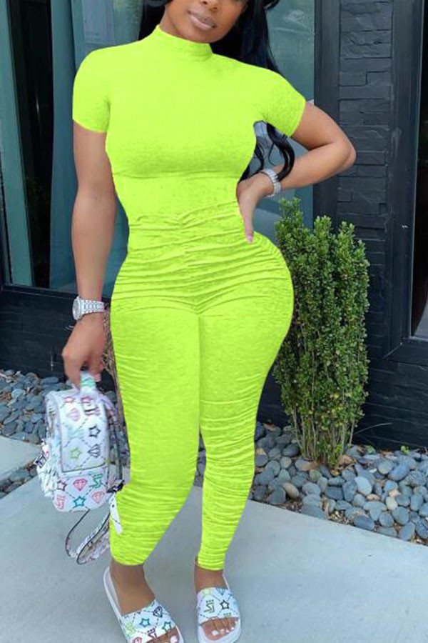 Fluorescent Yellow Fashion Casual Solid Draped Short Sleeve O Neck Jumpsuits