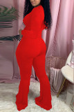 Red Fashion Sexy Hole Solid Long Sleeve O Neck Jumpsuits