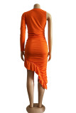 Orange, sexy, lange Ärmel, O-Ausschnitt, asymmetrisch, knielang, solide, drapierte, asymmetrische Rüschenkleider