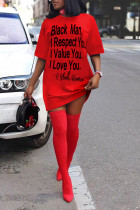 Red England Black Shirt sleeves Short Sleeves O neck Step Skirt Knee-Length Print Character Dresses