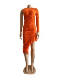 Orange Sexy Long Sleeves O neck Asymmetrical Knee-Length Solid Draped ruffle asymmetrical Dresses