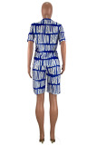 White and blue Blends Casual Print Straight Short Sleeve Two Pieces