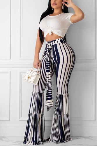 blue stripe venetian Drawstring High Striped Print Boot Cut Pants Bottoms