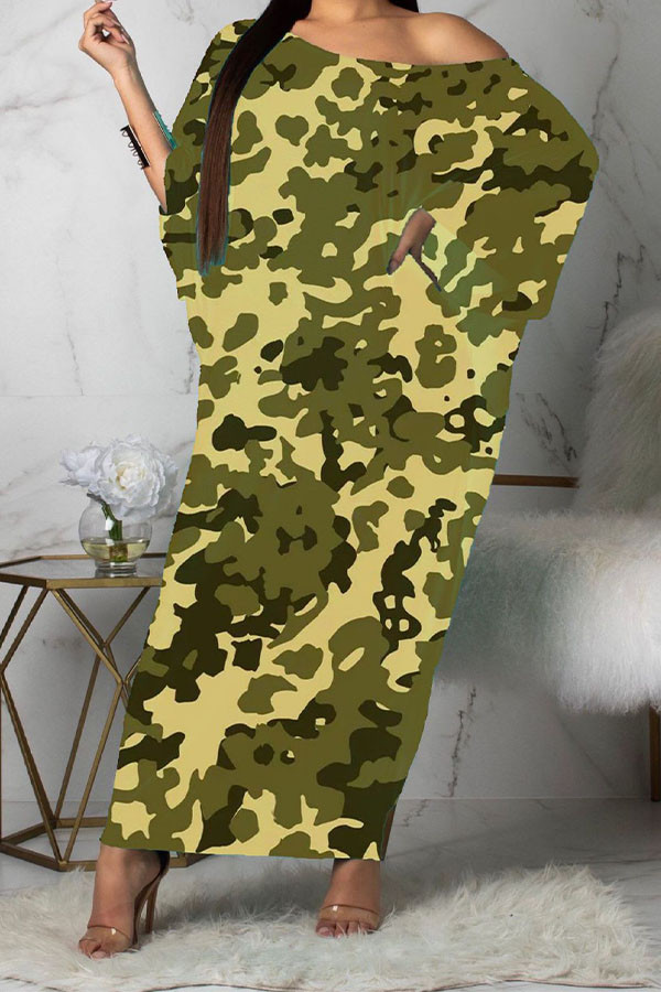 Armeegrün Lässige One-Shoulder-lange Ärmel Stufenrock knöchellange Camouflage-Kleider