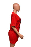 Red England Black Shirt sleeves Short Sleeves O neck Step Skirt Knee-Length Print Character Dresses