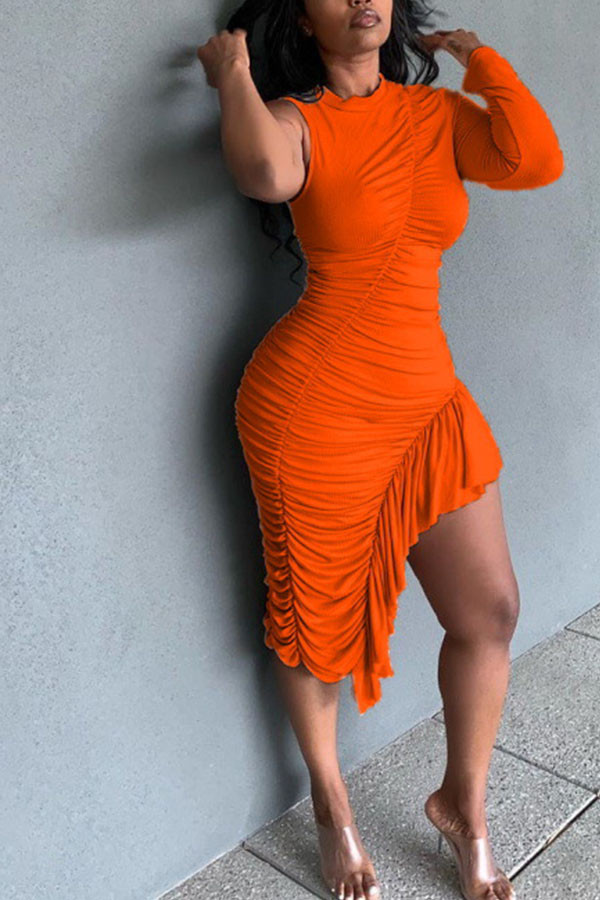 Оранжевые сексуальные асимметричные платья с длинными рукавами и круглым вырезом длиной до колен, однотонные драпированные асимметричные платья с оборками