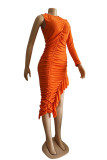Orange Sexy Manches Longues O cou Asymétrique Au Genou Solide Drapé à volants robes asymétriques