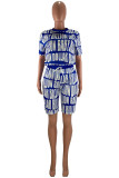 White and blue Blends Casual Print Straight Short Sleeve Two Pieces