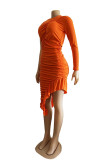 Оранжевые сексуальные асимметричные платья с длинными рукавами и круглым вырезом длиной до колен, однотонные драпированные асимметричные платья с оборками