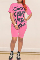 Pink Sexy Letter Print Straight Short Sleeve Two Pieces