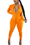 Orange Mode Casual Solid dragkedja Mjölk. Långärmade jumpsuits med o-hals