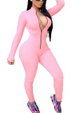 ピンクのファッションカジュアルソリッドジッパーミルク。 長袖Oネックジャンプスーツ