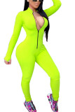 Grönt Mode Casual Solid dragkedja Mjölk. Långärmade jumpsuits med o-hals