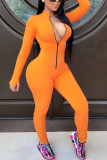 Orange Fashion Casual Leite com zíper sólido. Macacão manga longa gola O