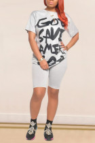 Grey Sexy Letter Print Straight Short Sleeve Two Pieces