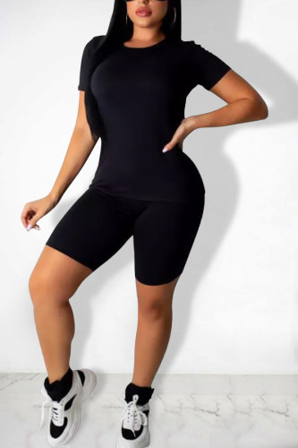 Black Fashion Sexy Solid Two Piece Suits pencil Short Sleeve Two Pieces