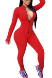 Red Fashion Casual Solide rits Melk. Jumpsuits met lange mouwen en O-hals