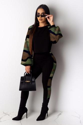 Camouflage adult Casual Fashion Camouflage Print Two Piece Suits Leopard Ribbon pencil Long Sleeve T
