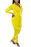 黄色のファッションアクティブな大人の奥様パッチワーク固体ツーピーススーツ鉛筆長袖ツーピース