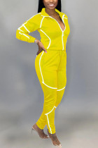 Amarillo moda adulto activo señora Patchwork sólido dos piezas trajes lápiz manga larga dos piezas