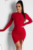 Red adult Sexy Fashion Cap Sleeve Long Sleeves O neck Hip skirt Mini asymmetrical Draped Solid