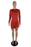 Red adult Sexy Fashion Cap Sleeve Long Sleeves O neck Hip skirt Mini asymmetrical Draped Solid