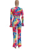 colour Milk Silk Fashion adult Ma'am Street Print asymmetrical ruffle Two Piece Suits Straight Long Sleeve Two Pieces