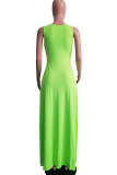 Fluorescent green Sexy Europe and America Sleeveless O neck Slim Dress Floor-Length split Dresses