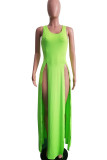 蛍光グリーンのセクシーなヨーロッパとアメリカのノースリーブ O ネックスリムドレス床長さのスプリットドレス