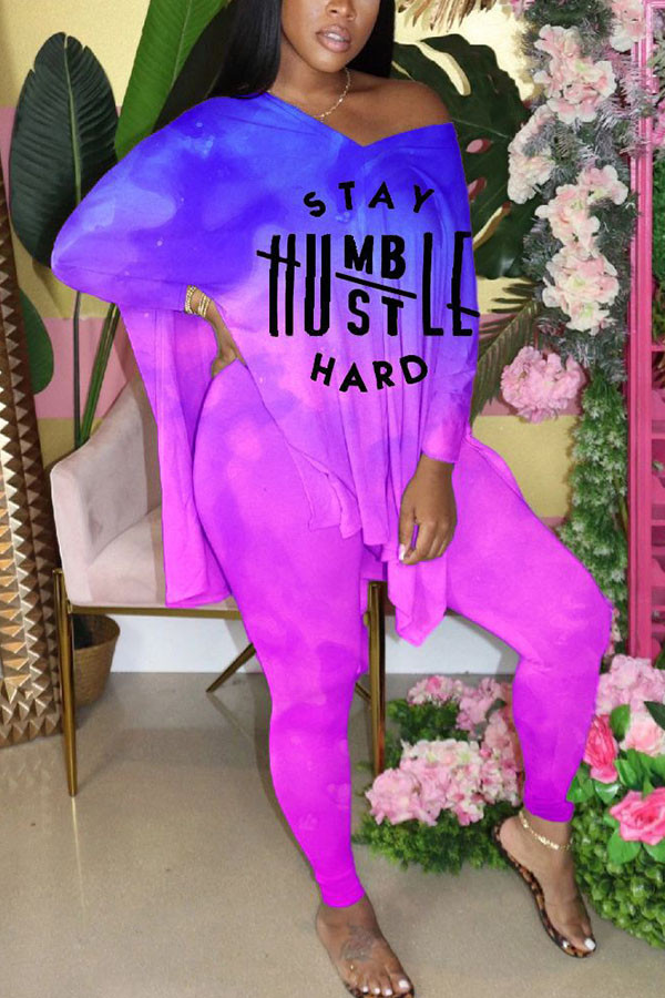 Фиолетовый модный повседневный взрослый мэм с принтом градиентный костюм из двух предметов карандаш с длинным рукавом из двух предметов