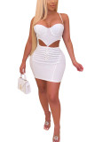 White Sexy Europe and America Spaghetti Strap Sleeveless V Neck Pencil Dress skirt Solid backless hollow out chain Dresses