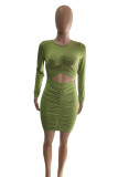 Light Green Sexy Sleeve Long Sleeves O neck Hip skirt Knee-Length Solid Dresses