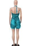 Green Fashion Sexy Print Patchwork Tie-dyed Chiffon Sleeveless Hanging neck Rompers