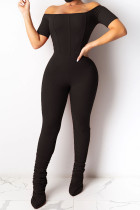 Zwarte mode sexy effen jumpsuits met één woordkraag en korte mouwen