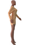 Khaki Casual Off The Shoulder Long Sleeves O neck Mini Print Dresses