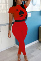 Rode mode sexy print jumpsuits met korte mouwen en O-hals
