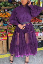 紫色のカジュアルパッチワークソリッドメッシュベルトなしマンダリンカラー不規則なドレスプラスサイズのドレス