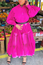 розово-красные модные повседневные лоскутные однотонные сетчатые платья без пояса с воротником-стойкой