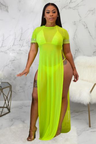 Fluorescerande grönt Asymmetriskt lapptäckeperspektiv Solid Fashion Sexiga Cover-Ups & strandklänningar (utan foder)