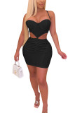 Black Sexy Europe and America Spaghetti Strap Sleeveless V Neck Pencil Dress skirt Solid backless hollow out chain Dresses