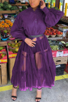 фиолетовые модные повседневные лоскутные однотонные сетчатые платья без пояса с воротником-стойкой