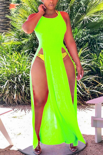 Fluorescent green Polyester Sexy Europe and America Sleeveless O neck Slim Dress Floor-Length split Dresses
