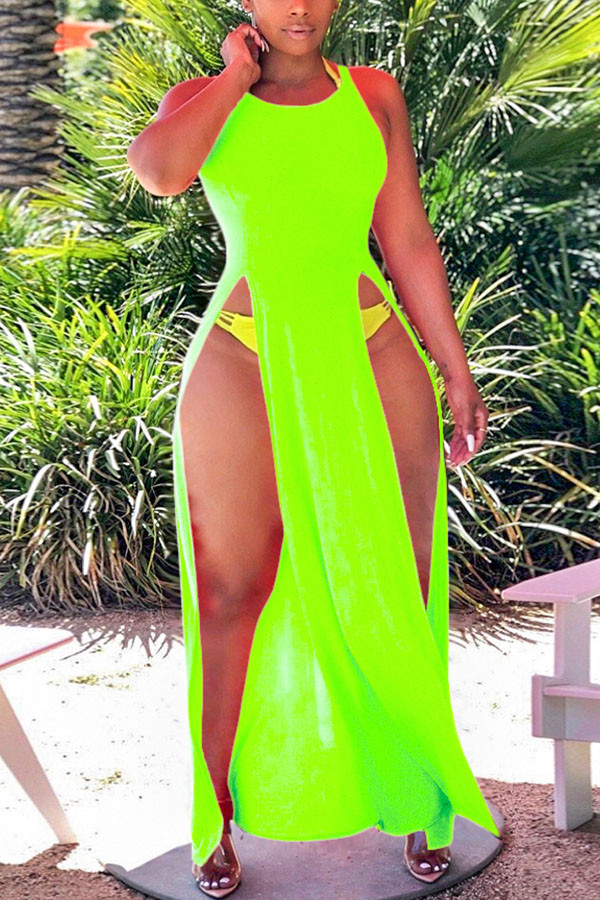 Fluoreszierendes Grün Sexy Europa und Amerika Ärmelloses, schmales Kleid mit O-Ausschnitt und bodenlangen, geteilten Kleidern