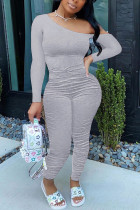 Grey Fashion street Solid Long Sleeve one shoulder collar Jumpsuits
