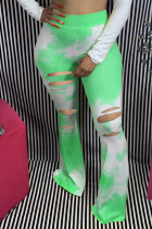 Зеленые эластичные брюки средней длины с принтом и вырезом под сапоги Низ брюк