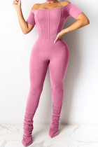 ピンクのファッションセクシーな固体半袖一言襟ジャンプスーツ